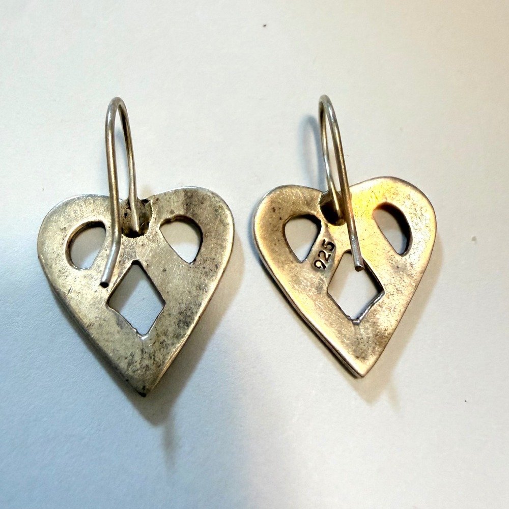 Vintage Sterling Silver Heart Earrings Geometric Drop 925 Shepherd Hook 5.3g - Picture 3 of 6